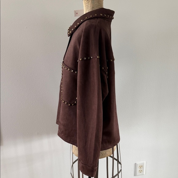 VIGOSS- Brown Faux Suede Studded Trucker Jacket Gold Stud Western Rock Style - Picture 5 of 14